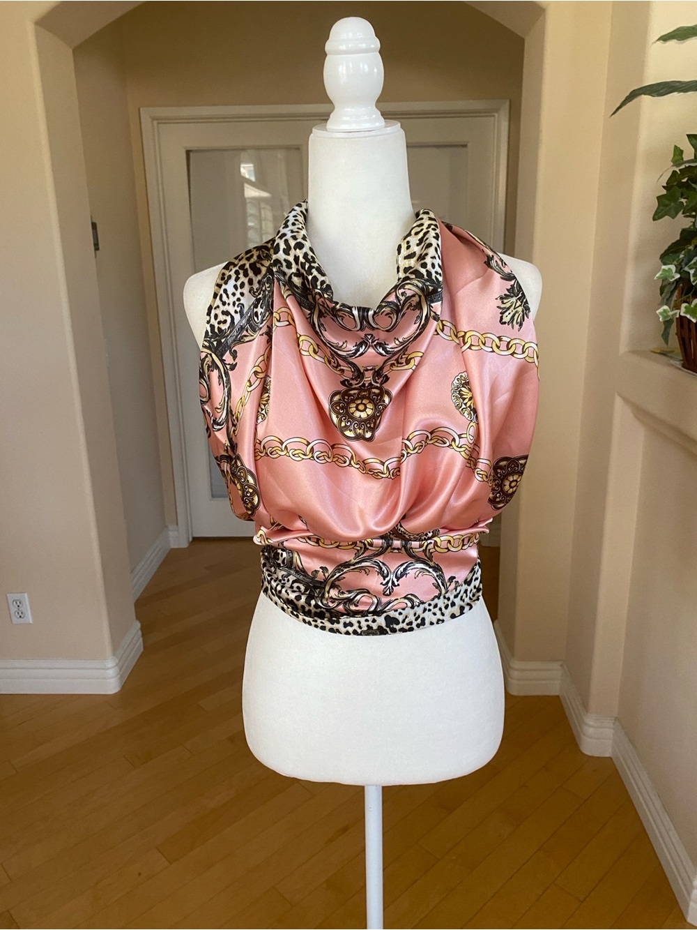 Pink Gold Chain Medallion Print Wrap Scarf Top